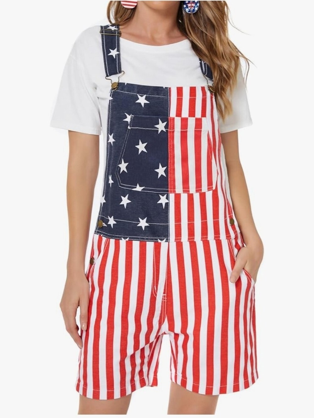 Women’s Flag-Print Short Denim Overalls - Red, White & Blue